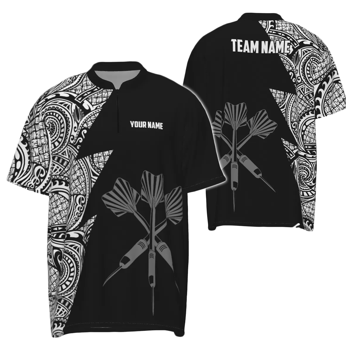 Personalisiertes Darts Polo Shirt mit Blitz-Tribal-Muster in Schwarz-Weiß, individuell anpassbares Darts-Trikot für Herren D896 - Outfitsuche