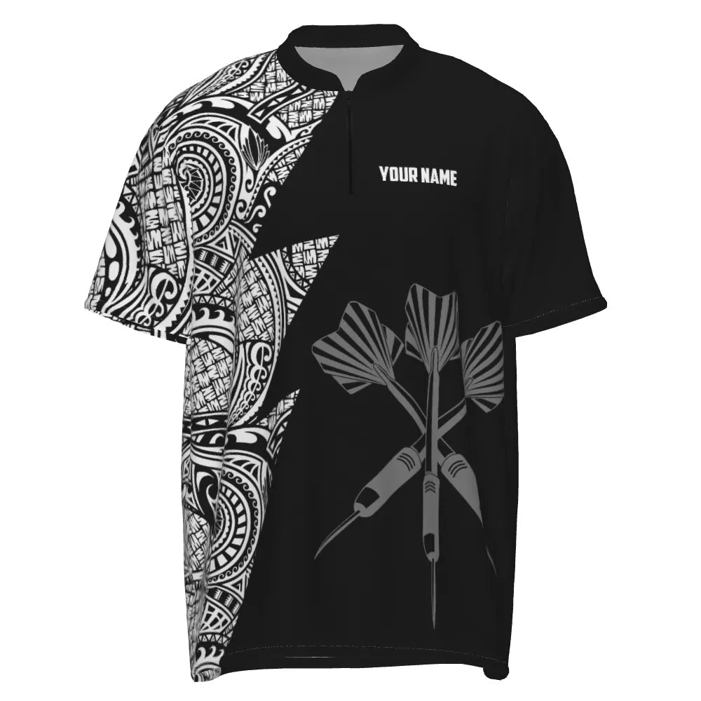 Personalisiertes Darts Polo Shirt mit Blitz-Tribal-Muster in Schwarz-Weiß, individuell anpassbares Darts-Trikot für Herren D896 - Outfitsuche