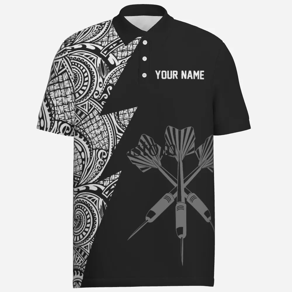 Personalisiertes Darts Polo Shirt mit Blitz-Tribal-Muster in Schwarz-Weiß, individuell anpassbares Darts-Trikot für Herren D896 - Outfitsuche