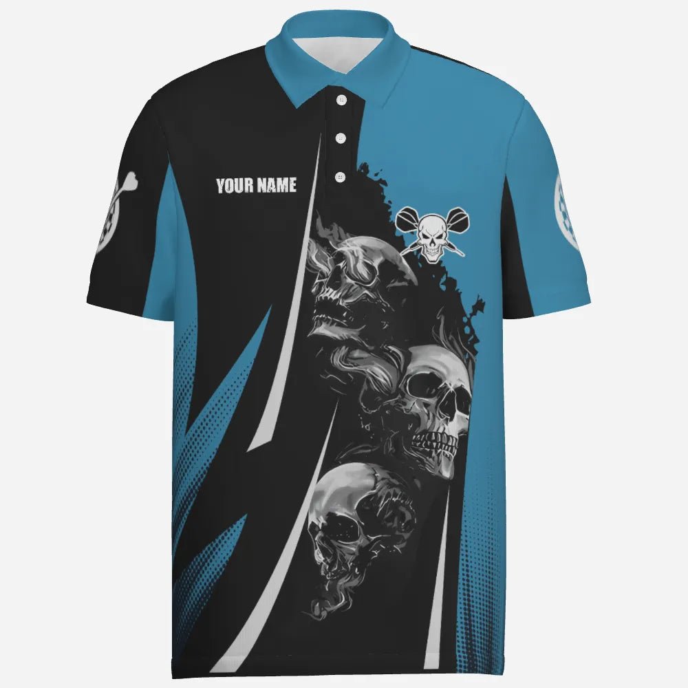 Personalisiertes Darts Polo Shirt mit Totenkopf-Motiv, schwarz-blau, individuell anpassbares Dart-Trikot für Herren J898 - Outfitsuche