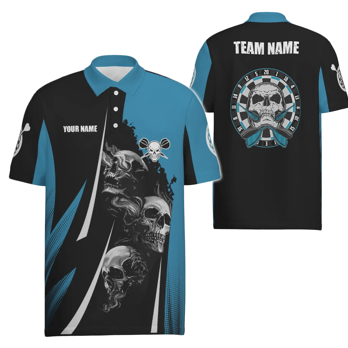 Personalisiertes Darts Polo Shirt mit Totenkopf-Motiv, schwarz-blau, individuell anpassbares Dart-Trikot für Herren J898 - Outfitsuche