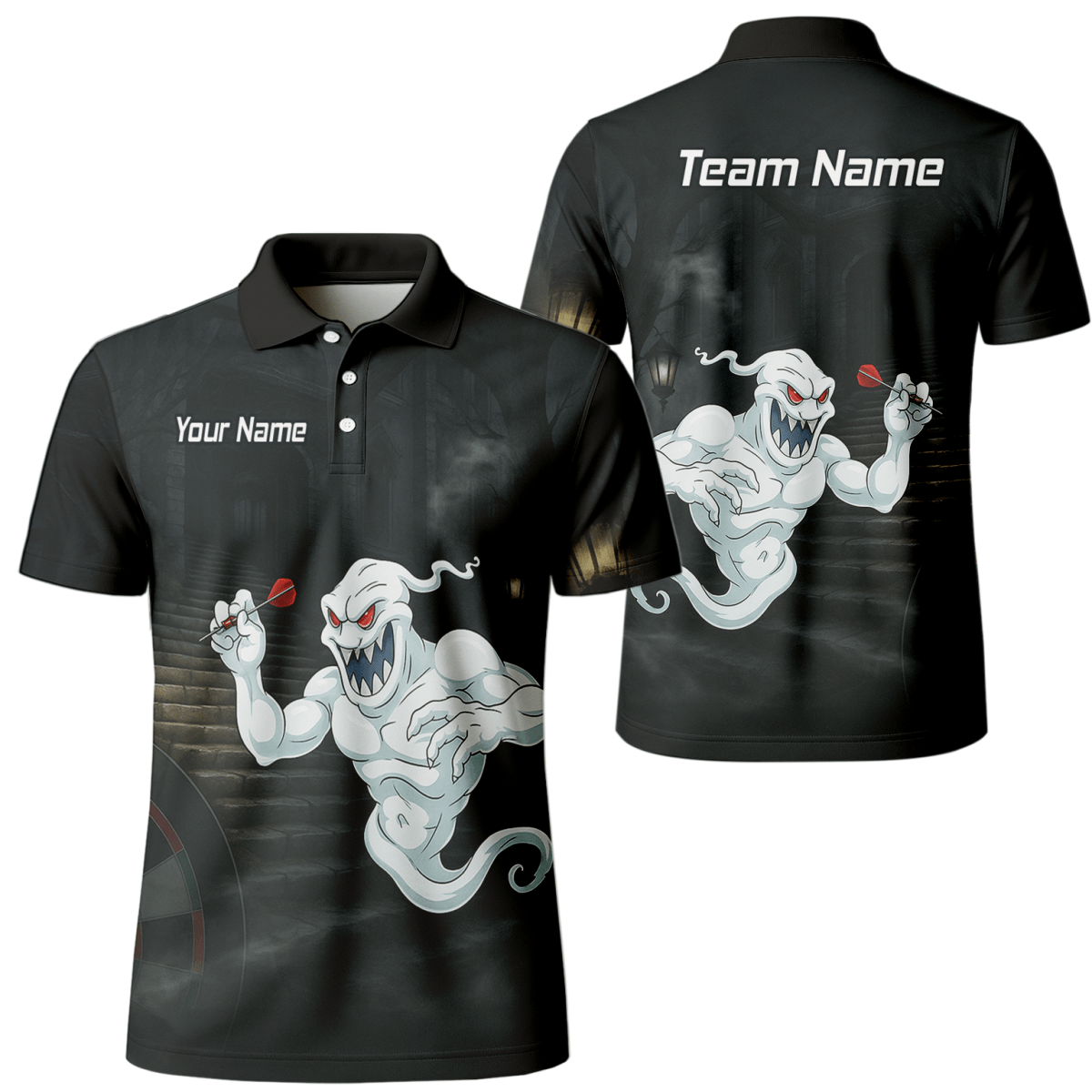 Personalisiertes Darts Poloshirt für Herren – Grusel - Geist Schwarz - Weiß L2060 - Outfitsuche