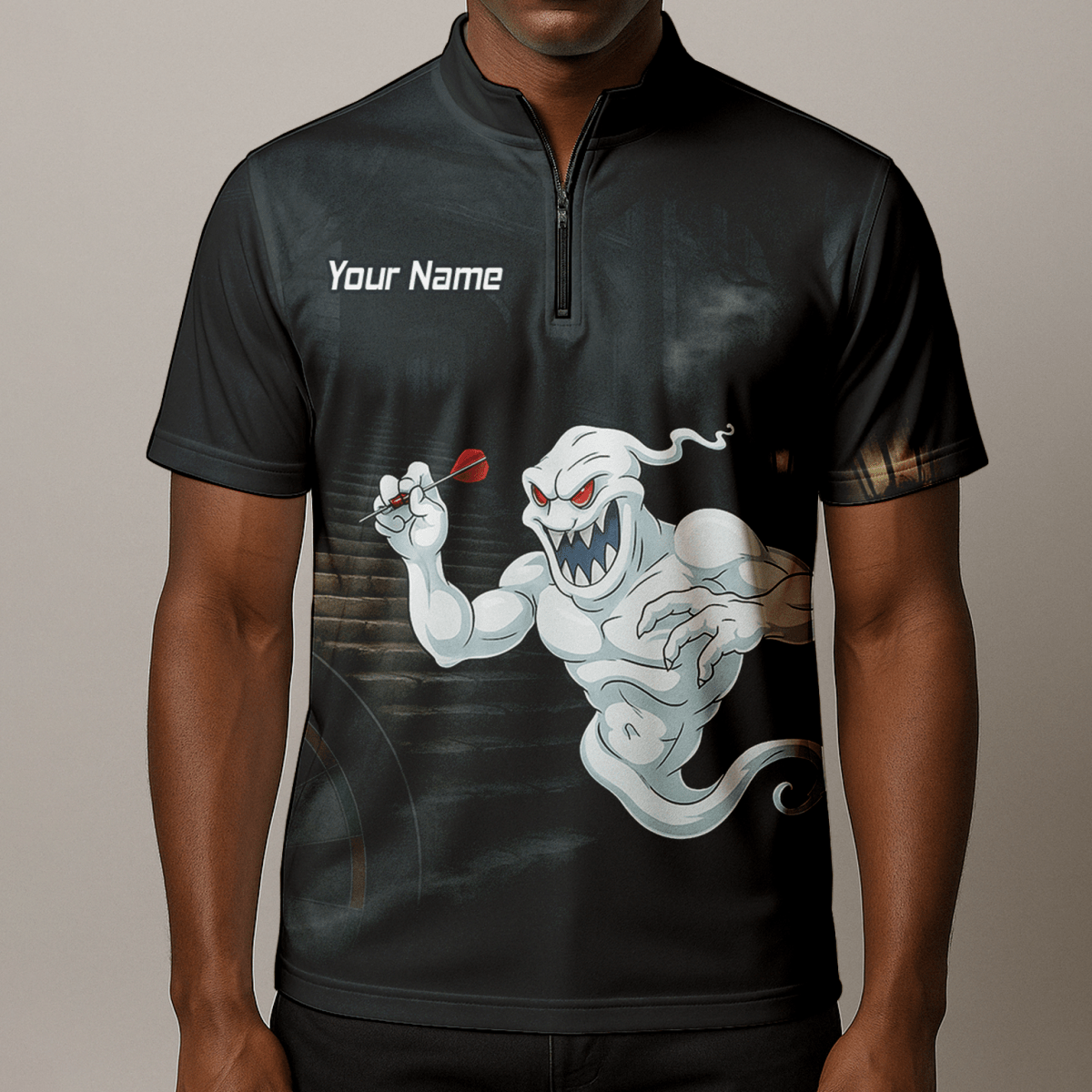 Personalisiertes Darts Poloshirt für Herren – Grusel - Geist Schwarz - Weiß L2060 - Outfitsuche