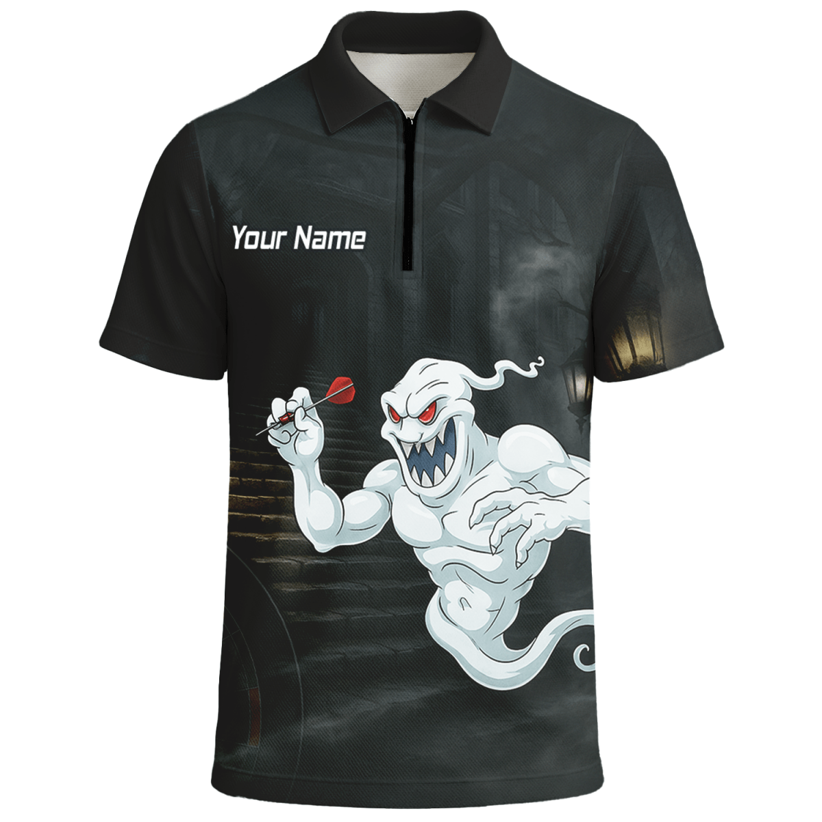 Personalisiertes Darts Poloshirt für Herren – Grusel - Geist Schwarz - Weiß L2060 - Outfitsuche