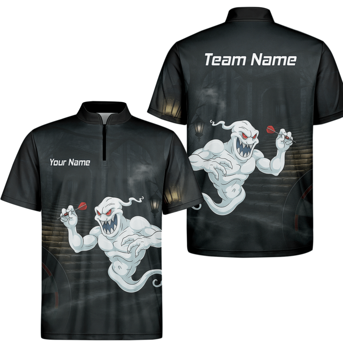 Personalisiertes Darts Poloshirt für Herren – Grusel - Geist Schwarz - Weiß L2060 - Outfitsuche