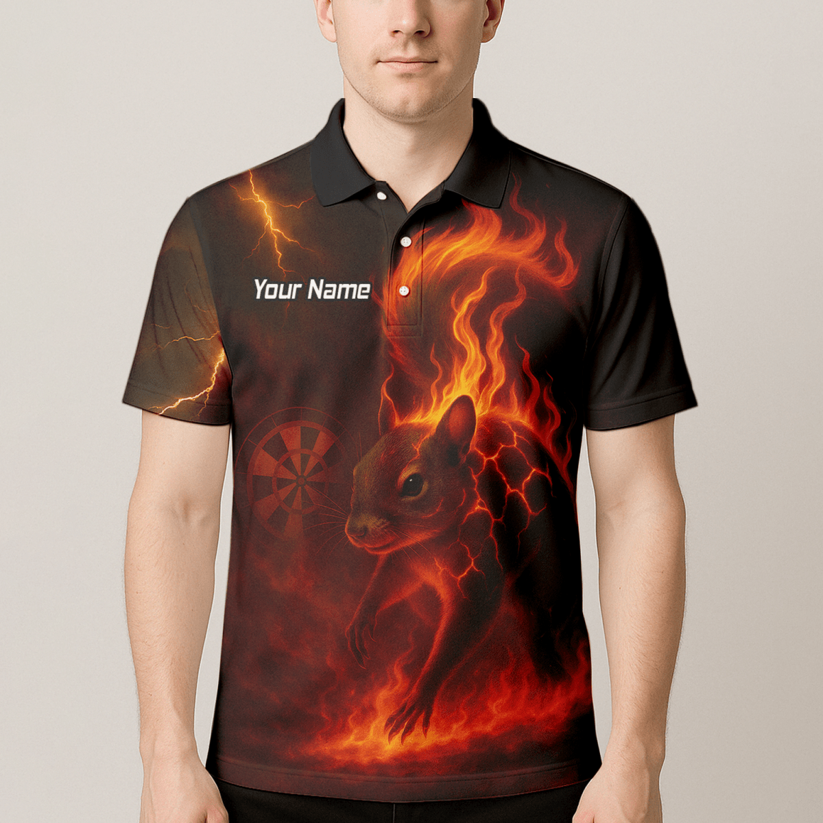 Personalisiertes Darts Poloshirt Herren – Flammendes Eichhörnchen Schwarz Rot G7659 - Outfitsuche