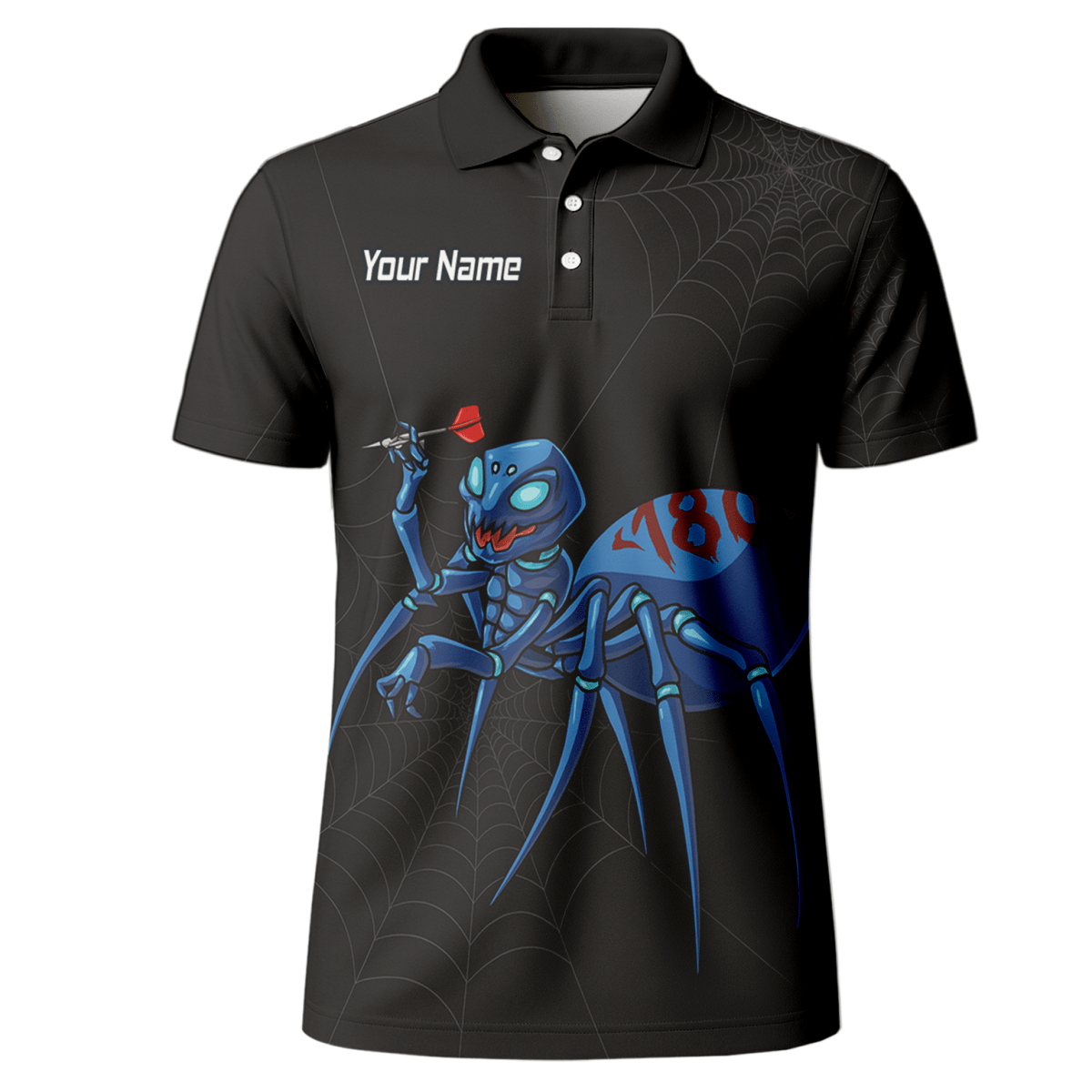 Personalisiertes Darts Poloshirt Herren – Schwarz – Blaue Spinne 180 Design U3736 - Outfitsuche
