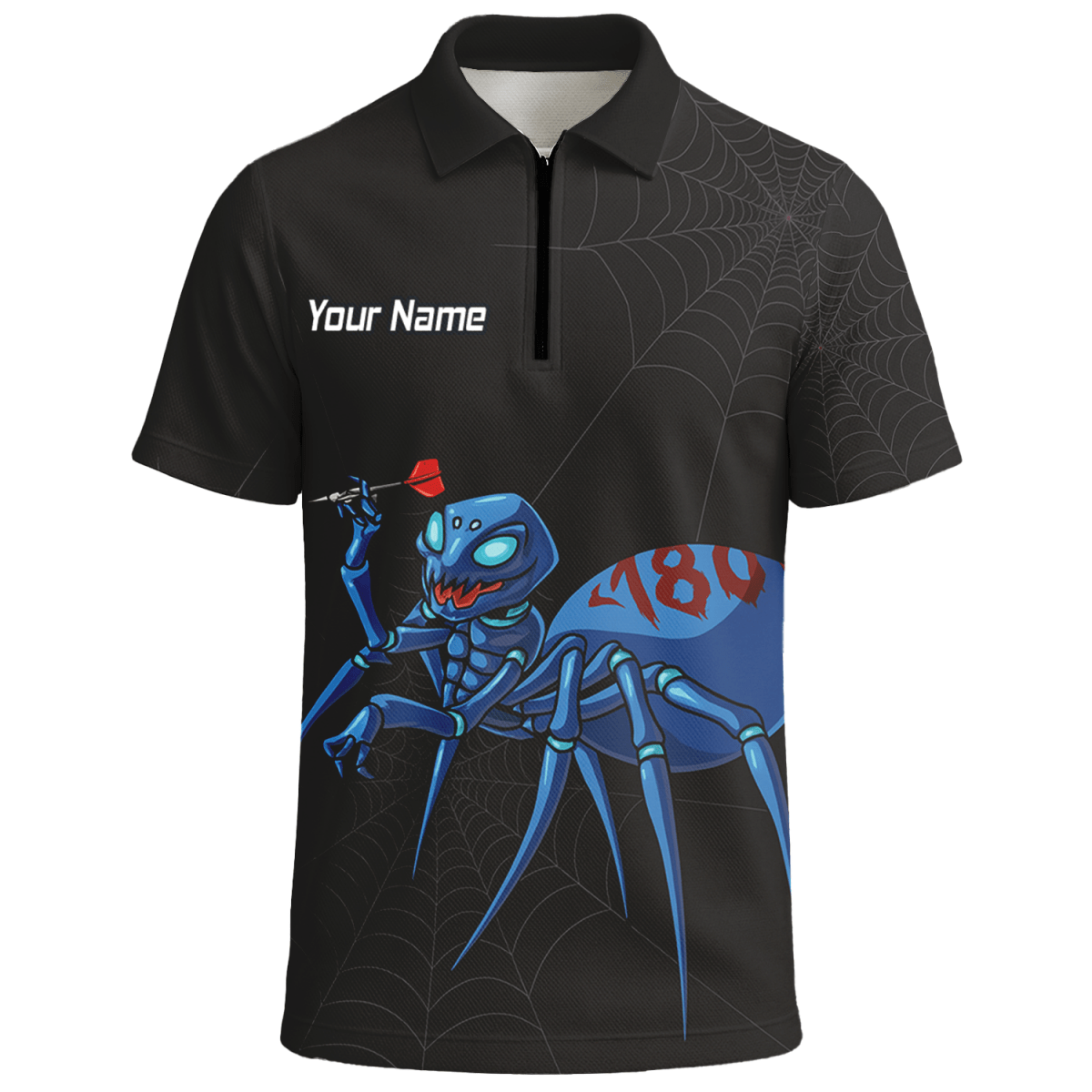 Personalisiertes Darts Poloshirt Herren – Schwarz – Blaue Spinne 180 Design U3736 - Outfitsuche