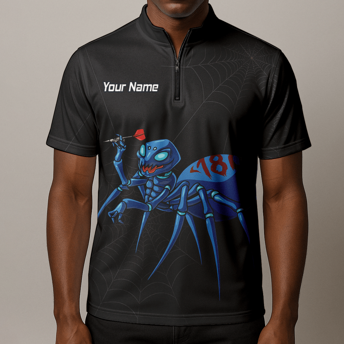 Personalisiertes Darts Poloshirt Herren – Schwarz – Blaue Spinne 180 Design U3736 - Outfitsuche
