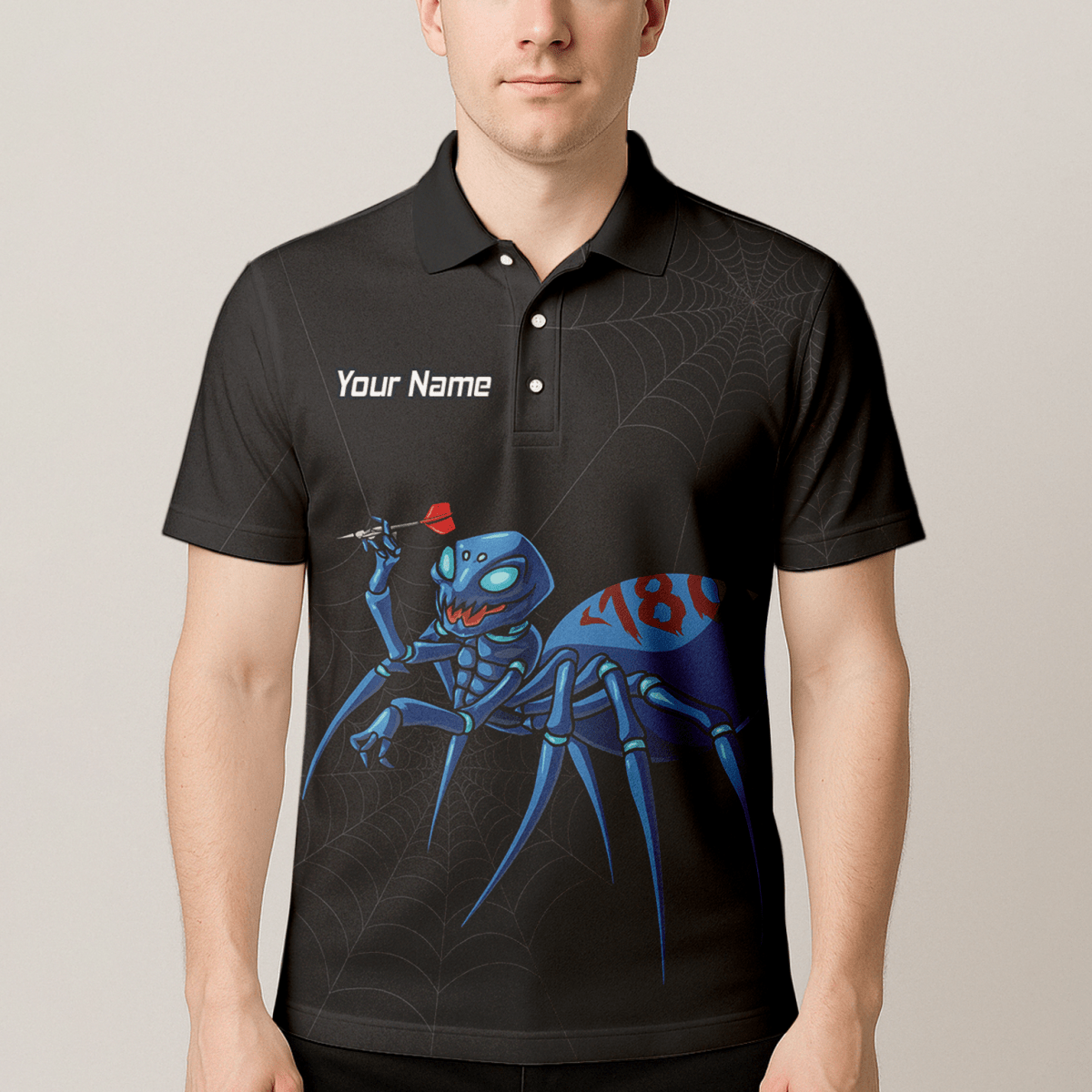 Personalisiertes Darts Poloshirt Herren – Schwarz – Blaue Spinne 180 Design U3736 - Outfitsuche