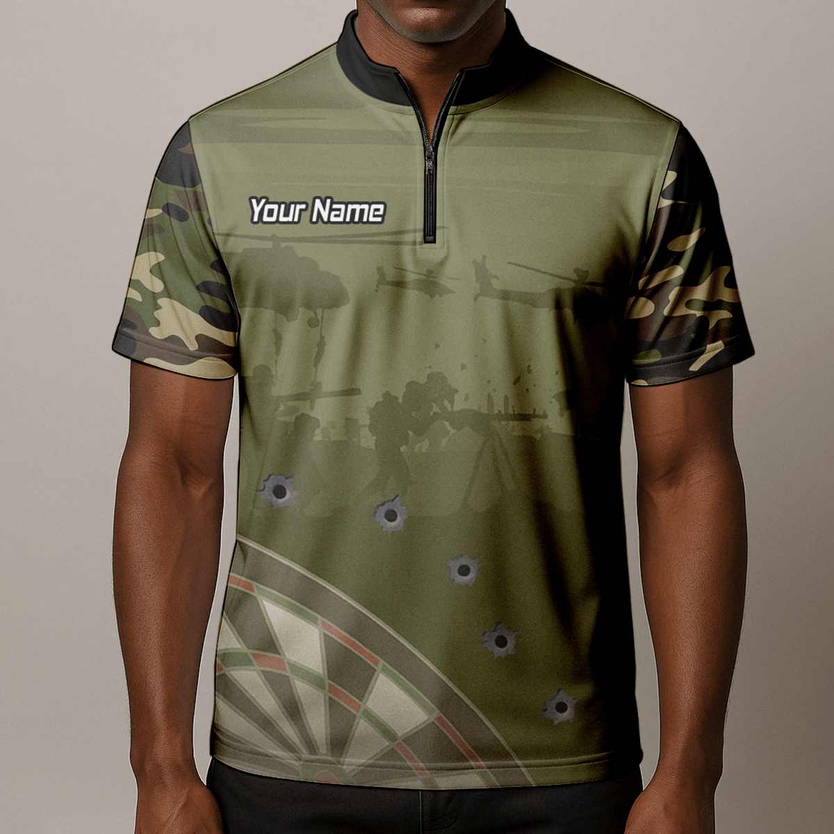 Personalisiertes Darts Poloshirt Herren, Warzone Camo, Olivgrün, mit Kugellöcher - Design N6504 - Outfitsuche