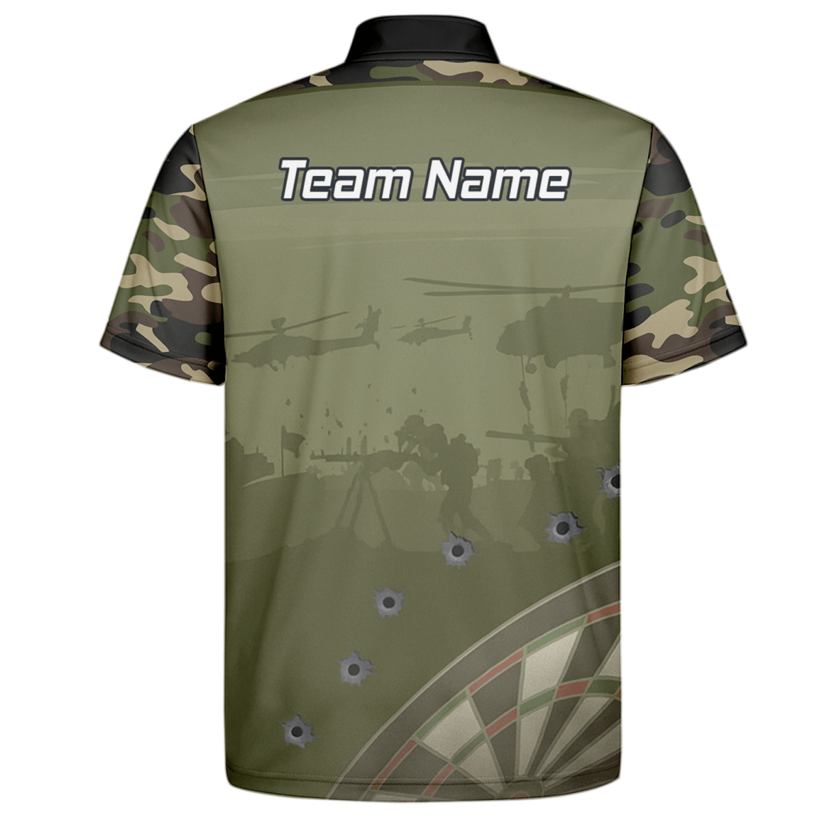 Personalisiertes Darts Poloshirt Herren, Warzone Camo, Olivgrün, mit Kugellöcher - Design N6504 - Outfitsuche