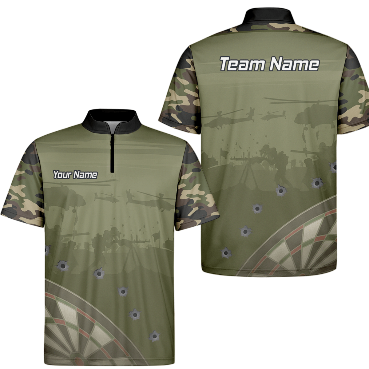 Personalisiertes Darts Poloshirt Herren, Warzone Camo, Olivgrün, mit Kugellöcher - Design N6504 - Outfitsuche
