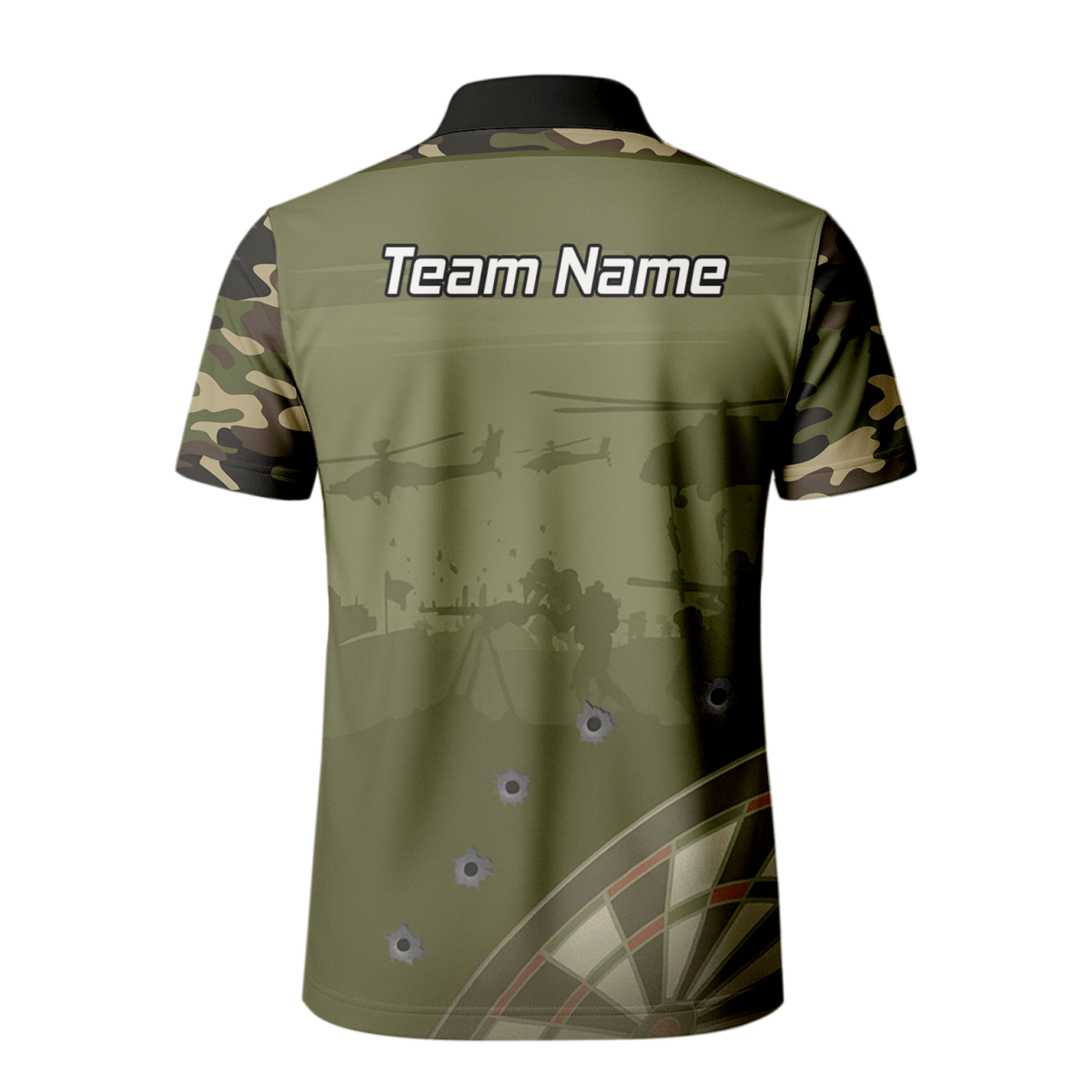 Personalisiertes Darts Poloshirt Herren, Warzone Camo, Olivgrün, mit Kugellöcher - Design N6504 - Outfitsuche
