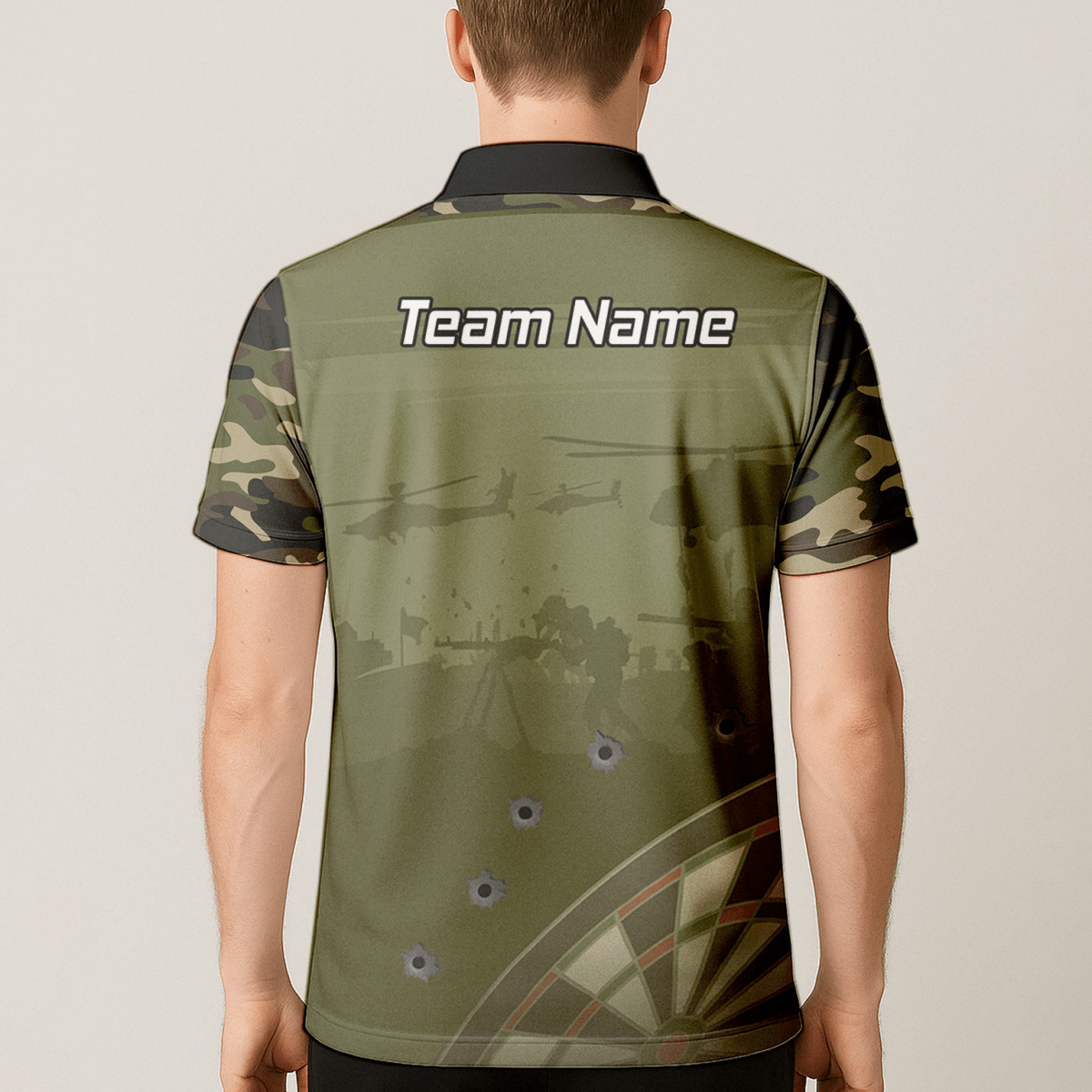 Personalisiertes Darts Poloshirt Herren, Warzone Camo, Olivgrün, mit Kugellöcher - Design N6504 - Outfitsuche