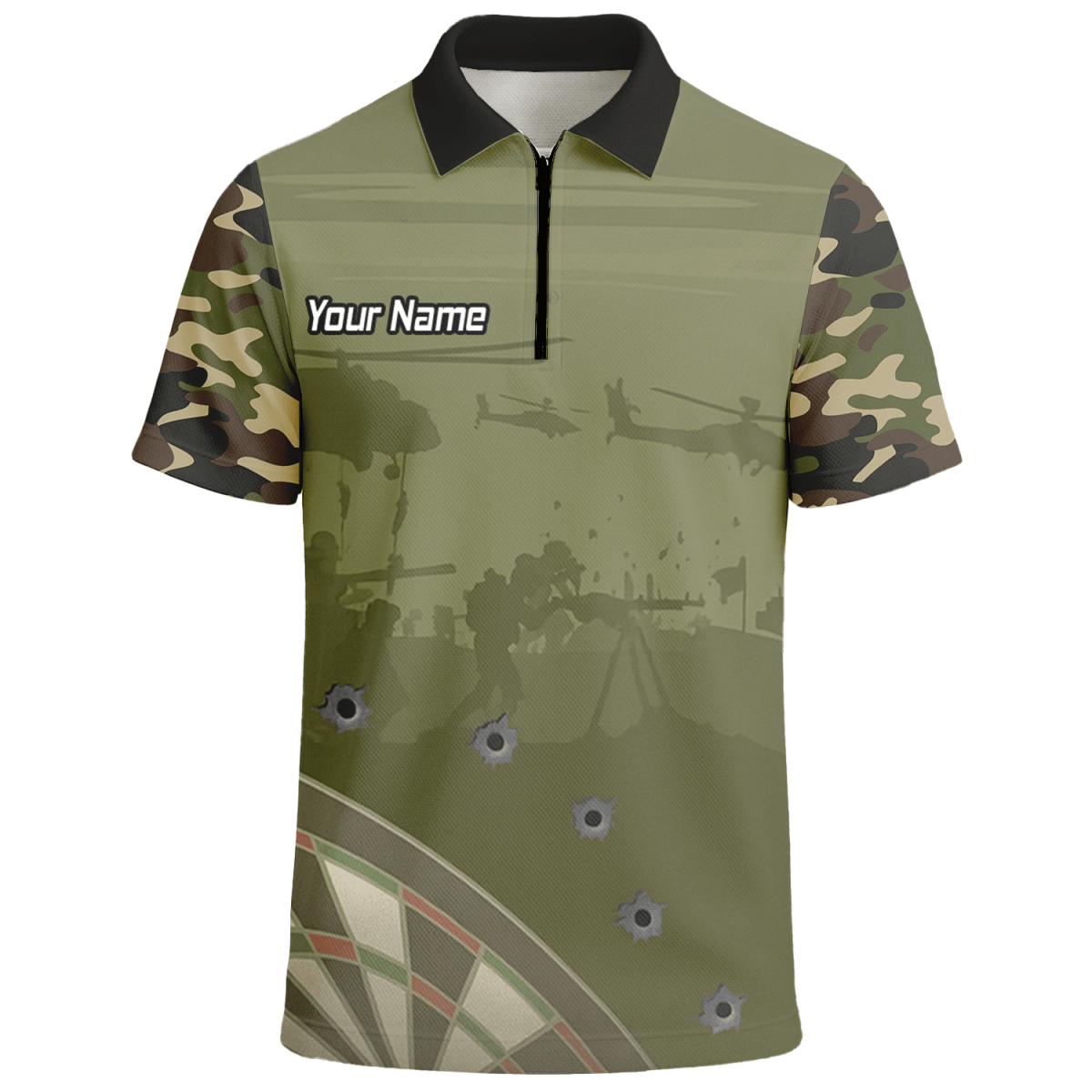 Personalisiertes Darts Poloshirt Herren, Warzone Camo, Olivgrün, mit Kugellöcher - Design N6504 - Outfitsuche