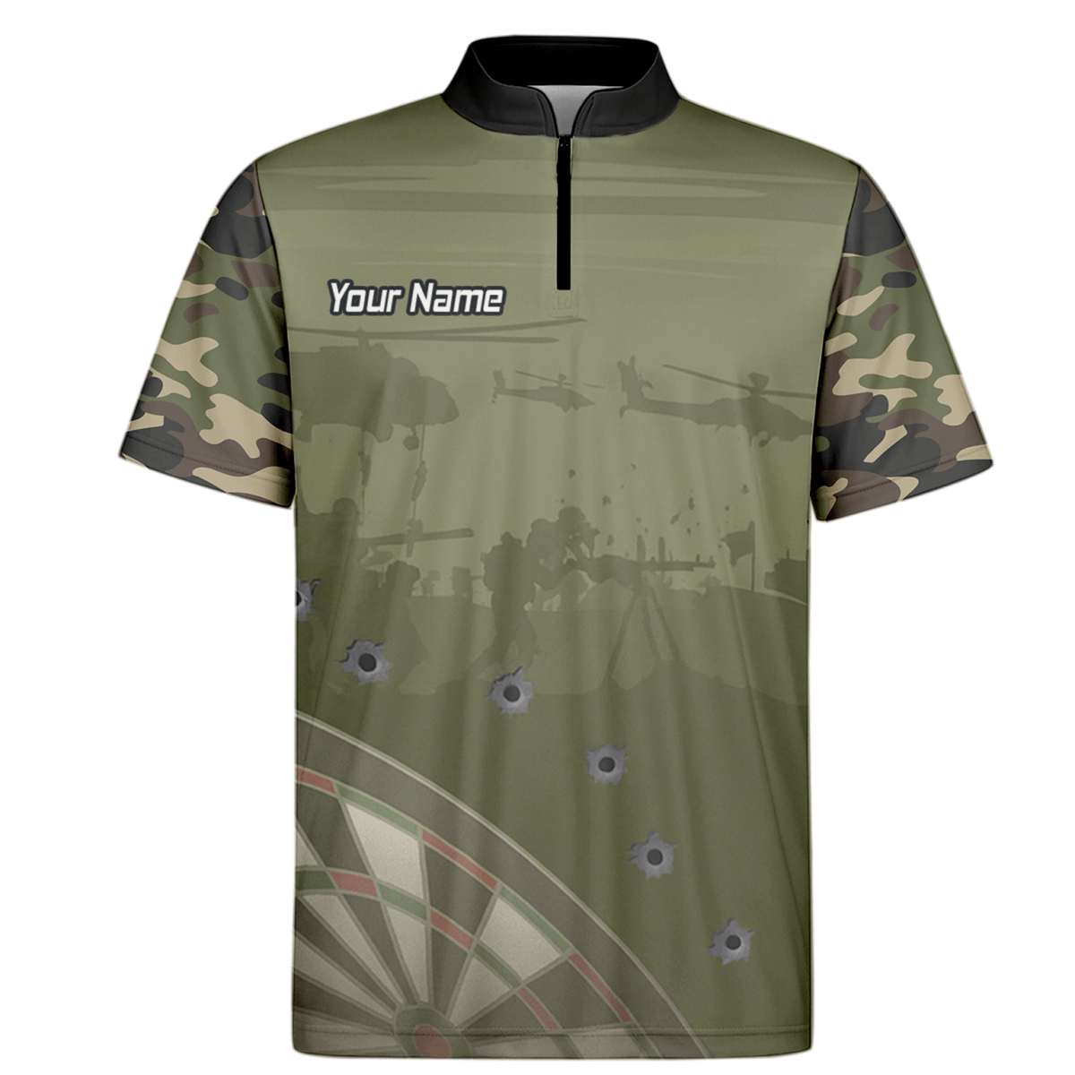 Personalisiertes Darts Poloshirt Herren, Warzone Camo, Olivgrün, mit Kugellöcher - Design N6504 - Outfitsuche