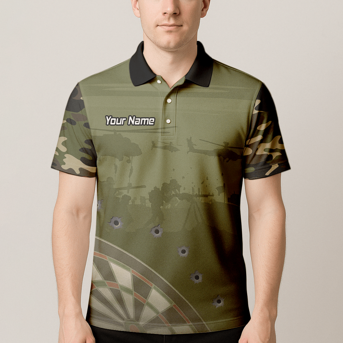 Personalisiertes Darts Poloshirt Herren, Warzone Camo, Olivgrün, mit Kugellöcher - Design N6504 - Outfitsuche