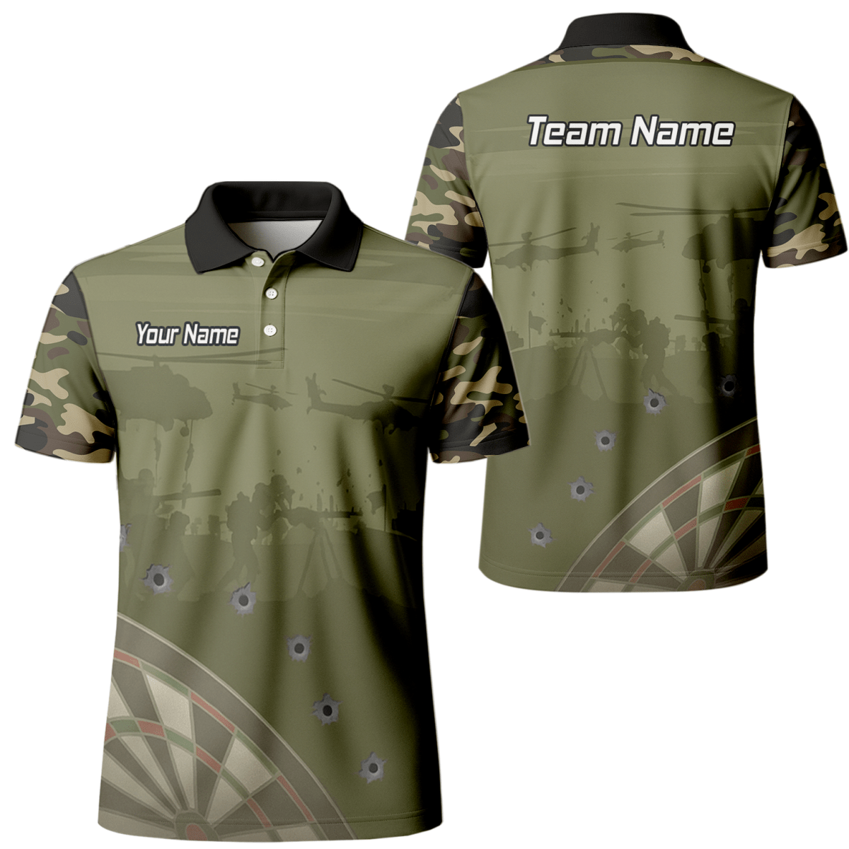 Personalisiertes Darts Poloshirt Herren, Warzone Camo, Olivgrün, mit Kugellöcher - Design N6504 - Outfitsuche