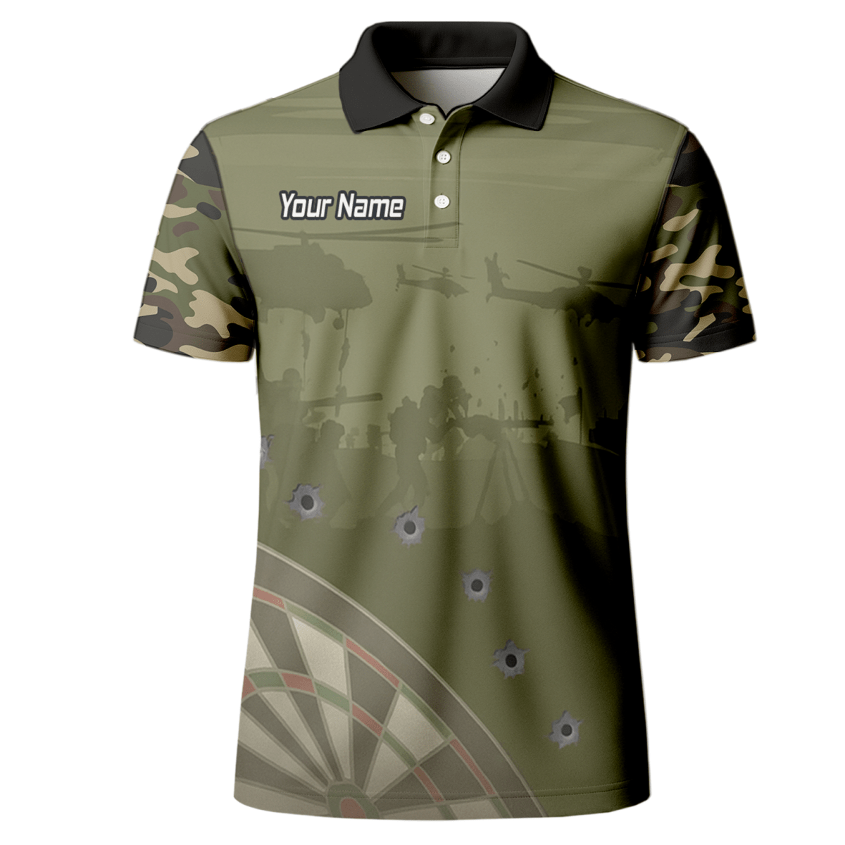 Personalisiertes Darts Poloshirt Herren, Warzone Camo, Olivgrün, mit Kugellöcher - Design N6504 - Outfitsuche