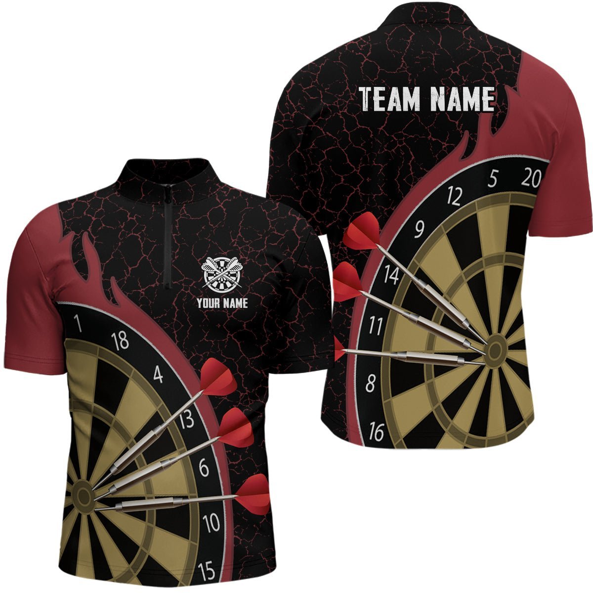 Personalisiertes Darts-Set mit rotem Feuerflammen-Polo-Shirt, individuell anpassbares Darts-Shirt für Herren, Darts-Trikot A485 - Outfitsuche