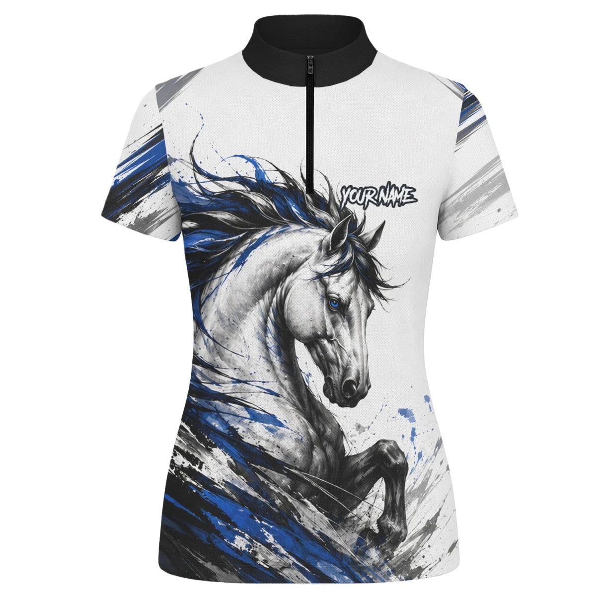 Personalisiertes Dartshirt mit weiß-schwarz-blauem steigenden Pferd für Damen O686 - Outfitsuche