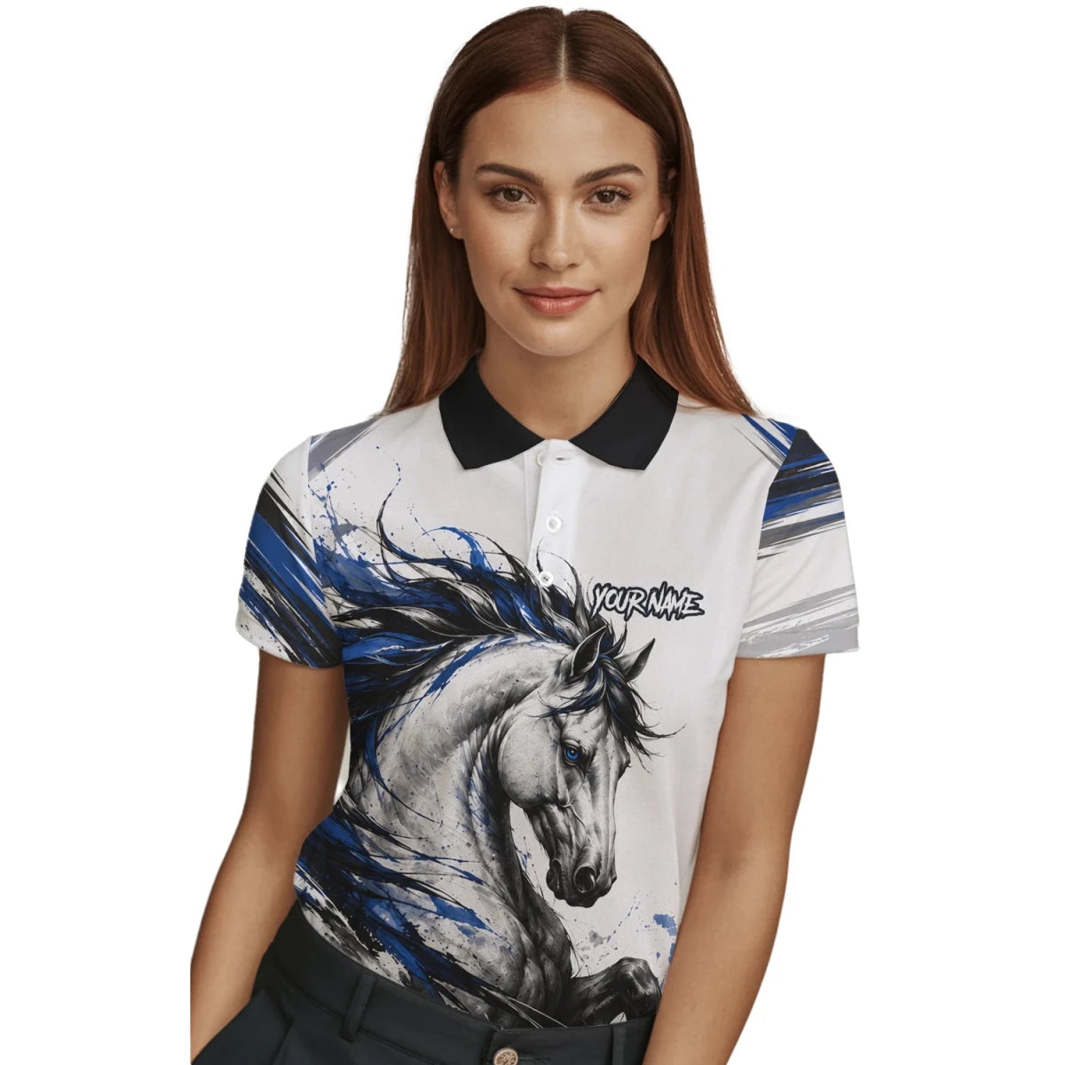 Personalisiertes Dartshirt mit weiß-schwarz-blauem steigenden Pferd für Damen O686 - Outfitsuche