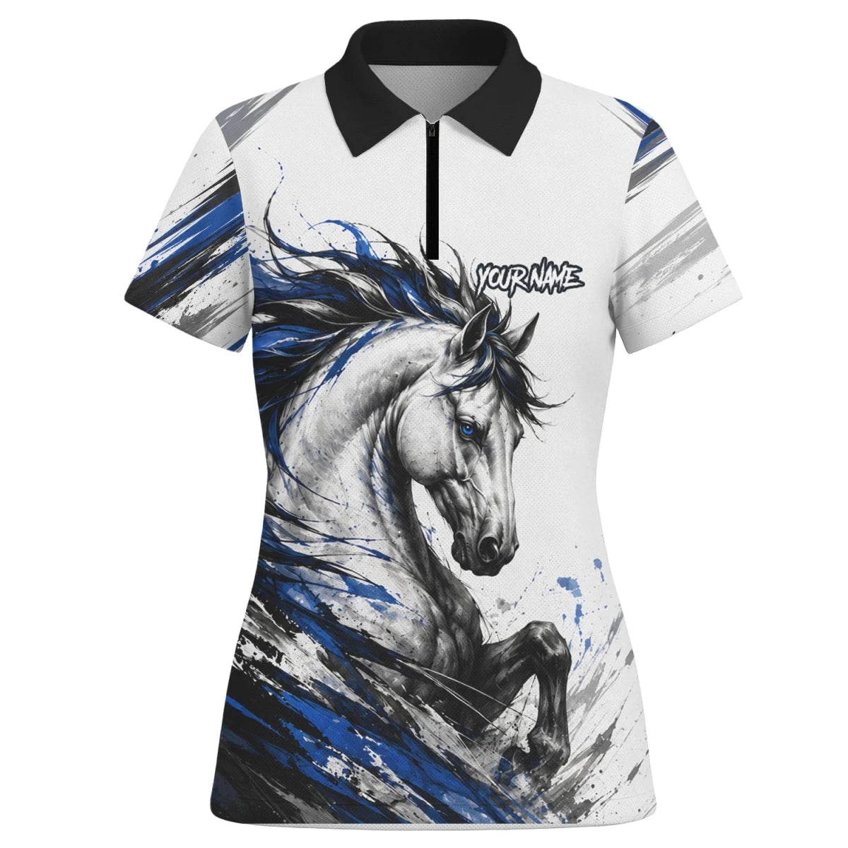 Personalisiertes Dartshirt mit weiß-schwarz-blauem steigenden Pferd für Damen O686 - Outfitsuche