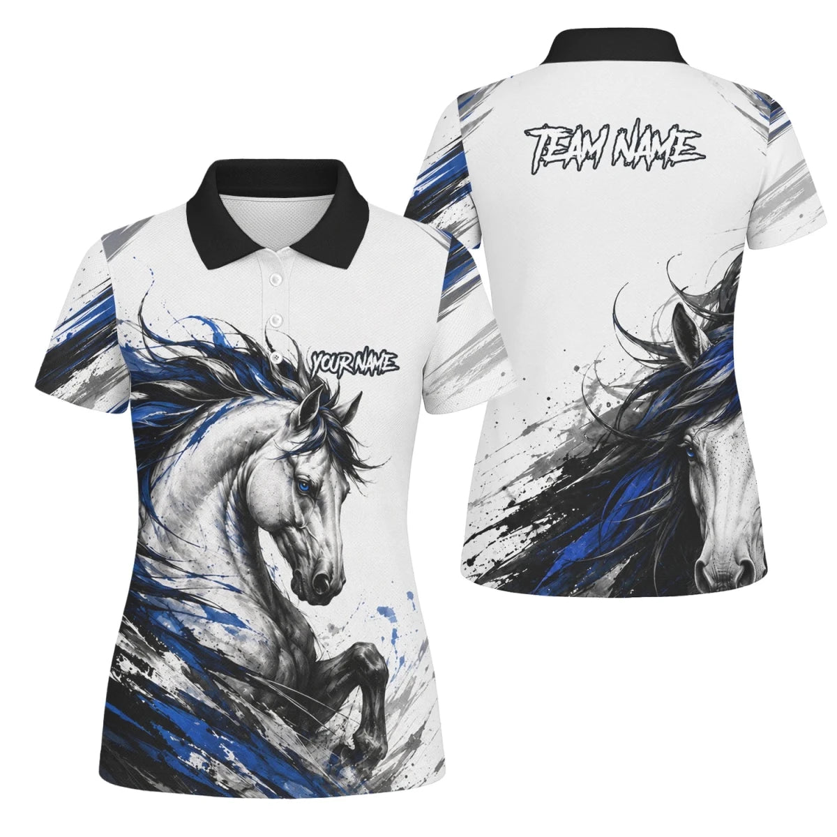 Personalisiertes Dartshirt mit weiß-schwarz-blauem steigenden Pferd für Damen O686 - Outfitsuche