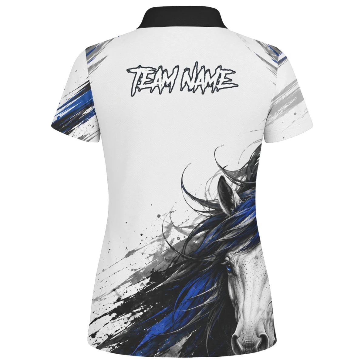 Personalisiertes Dartshirt mit weiß-schwarz-blauem steigenden Pferd für Damen O686 - Outfitsuche