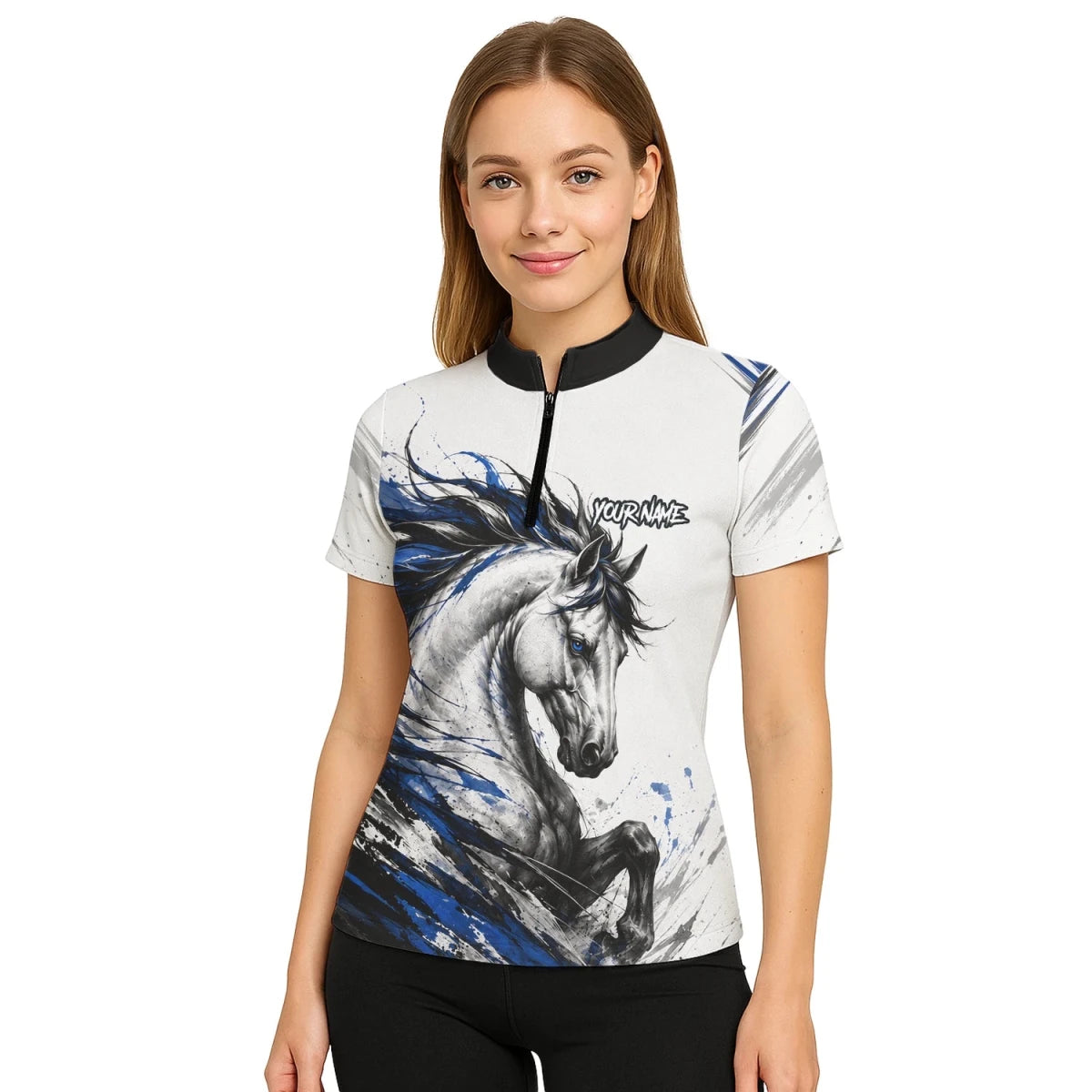 Personalisiertes Dartshirt mit weiß-schwarz-blauem steigenden Pferd für Damen O686 - Outfitsuche