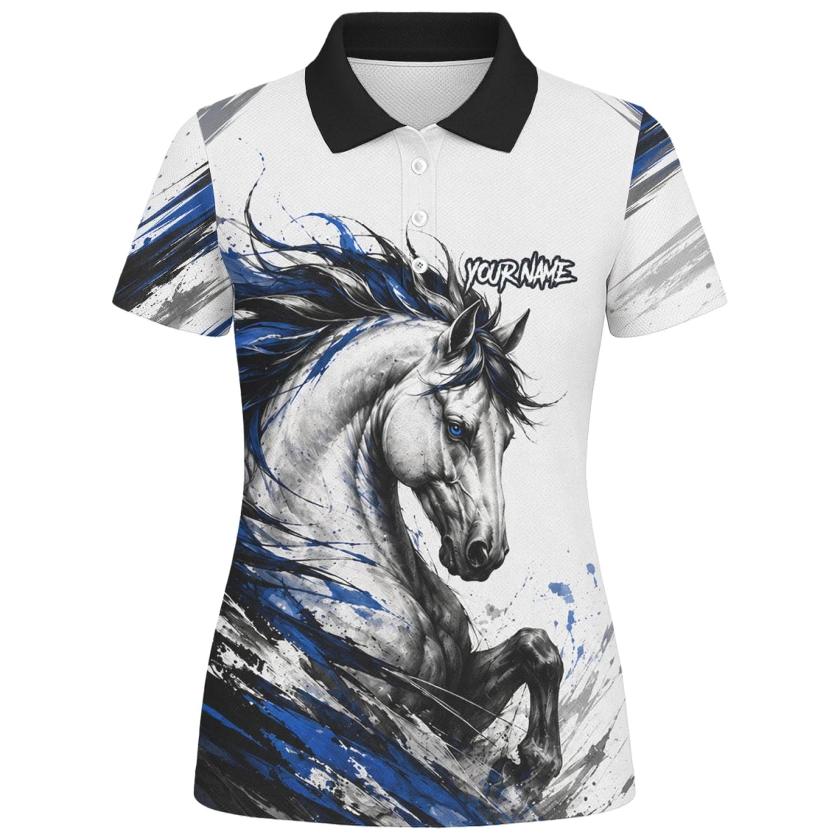 Personalisiertes Dartshirt mit weiß-schwarz-blauem steigenden Pferd für Damen O686 - Outfitsuche
