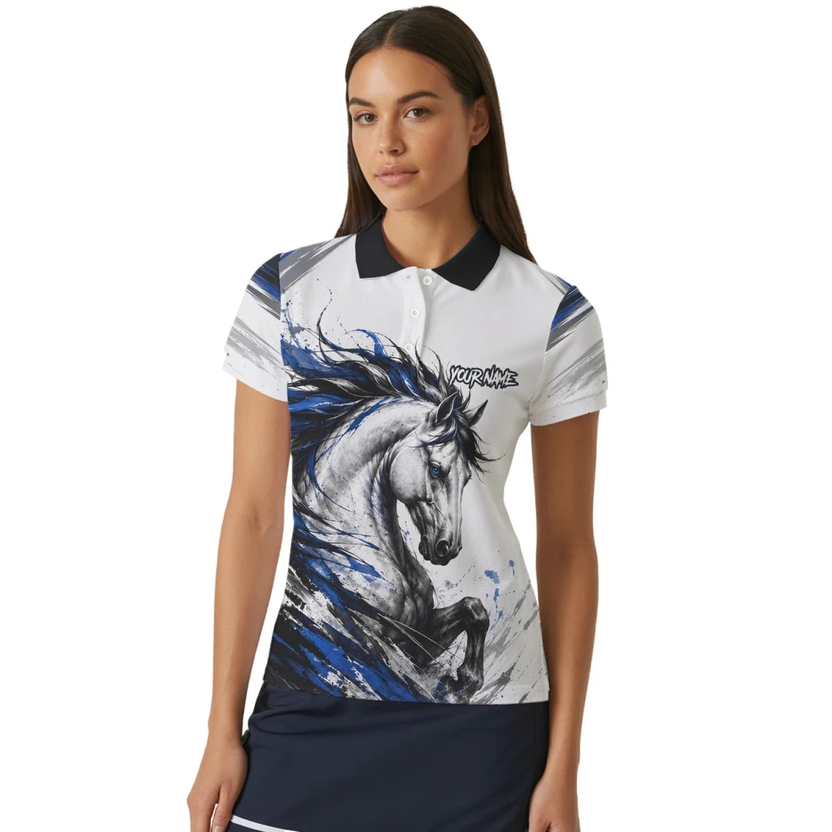 Personalisiertes Dartshirt mit weiß-schwarz-blauem steigenden Pferd für Damen O686 - Outfitsuche
