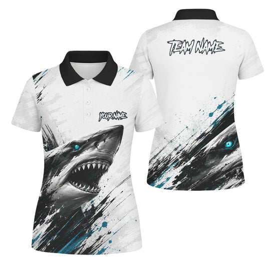 Personalisiertes Dartshirt mit weiß-schwarz-türkisem Hai für Damen D067 - Outfitsuche
