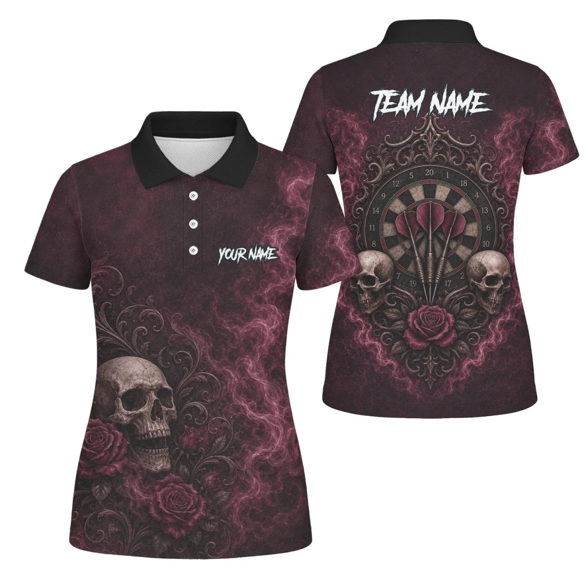 Personalisiertes Dunkelrot-schwarzes Totenkopf-Rosen-Dartshirt für Damen U786 - Outfitsuche