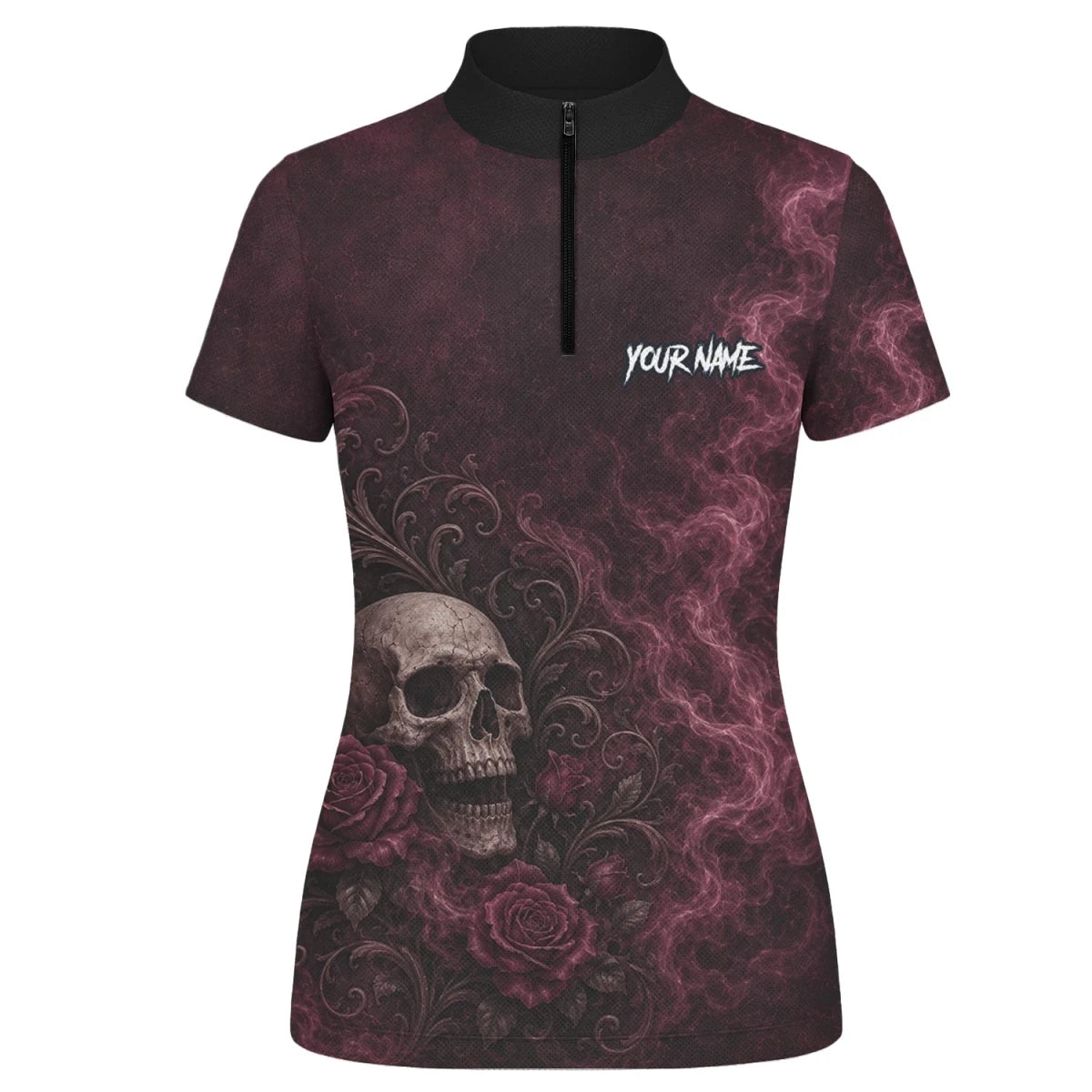 Personalisiertes Dunkelrot-schwarzes Totenkopf-Rosen-Dartshirt für Damen U786 - Outfitsuche