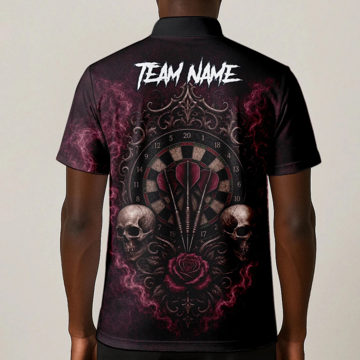 Personalisiertes Dunkelrot-schwarzes Totenkopf-Rosen-Dartshirt für Herren U786 - Outfitsuche