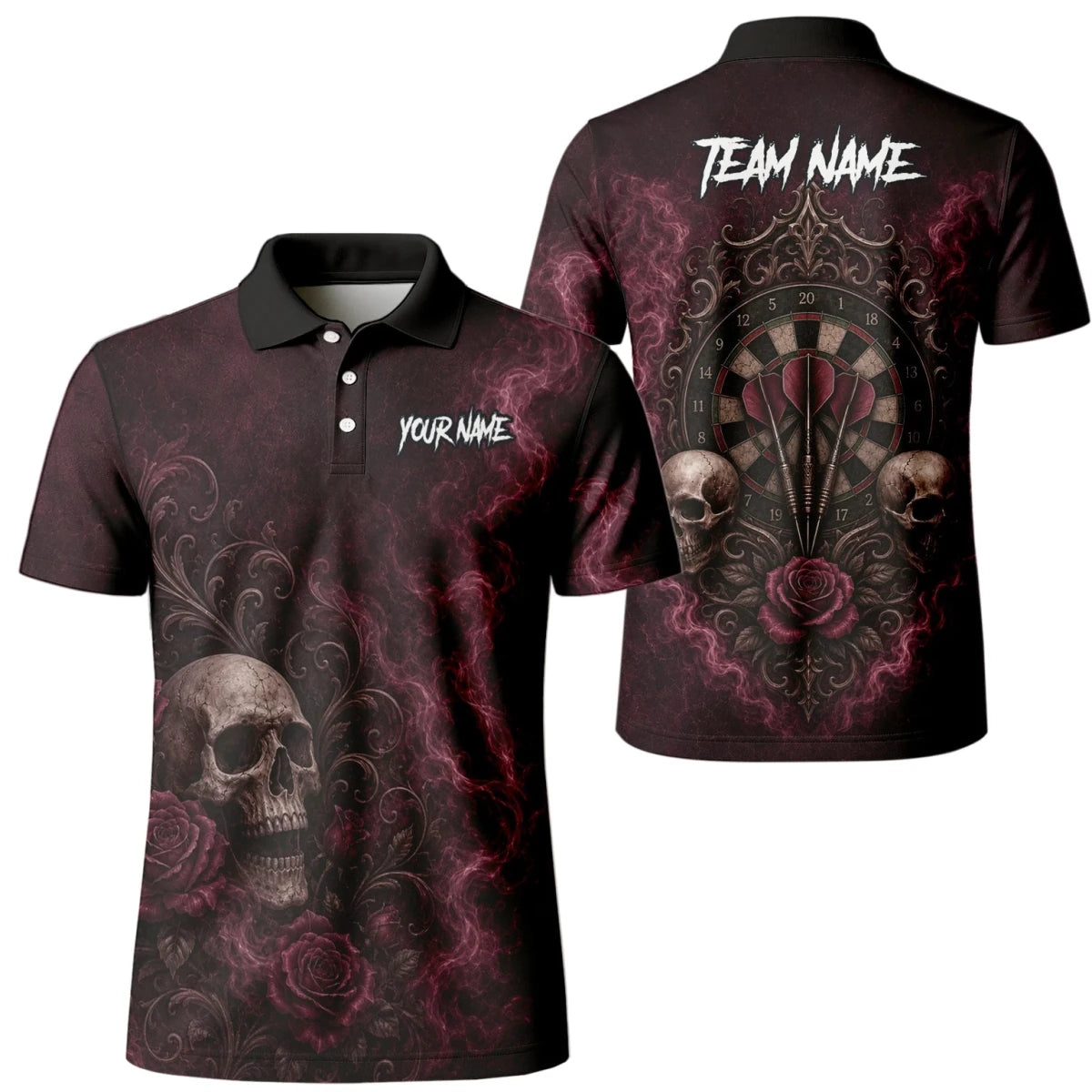 Personalisiertes Dunkelrot-schwarzes Totenkopf-Rosen-Dartshirt für Herren U786 - Outfitsuche