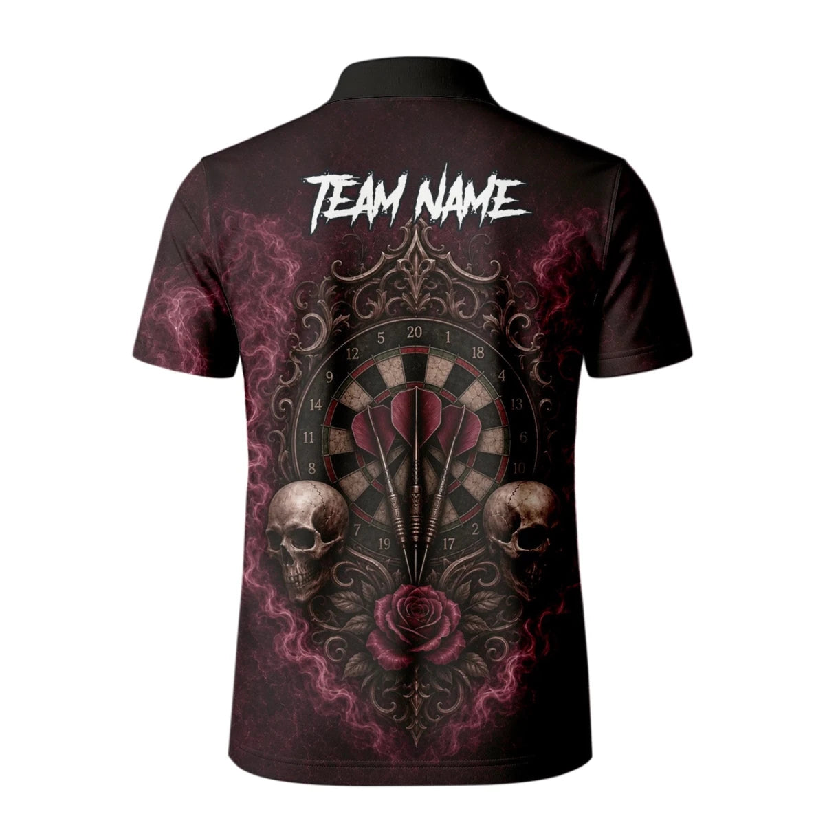 Personalisiertes Dunkelrot-schwarzes Totenkopf-Rosen-Dartshirt für Herren U786 - Outfitsuche