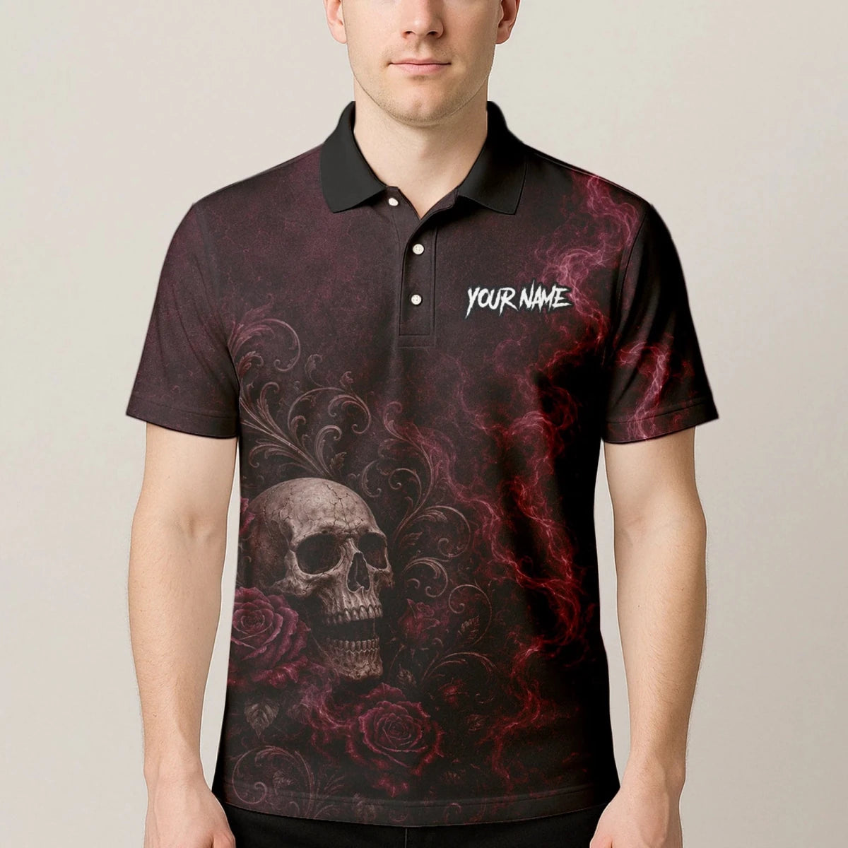 Personalisiertes Dunkelrot-schwarzes Totenkopf-Rosen-Dartshirt für Herren U786 - Outfitsuche