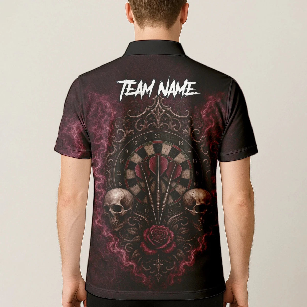 Personalisiertes Dunkelrot-schwarzes Totenkopf-Rosen-Dartshirt für Herren U786 - Outfitsuche