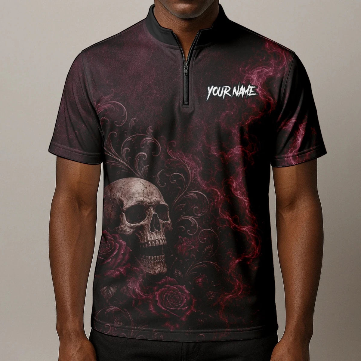 Personalisiertes Dunkelrot-schwarzes Totenkopf-Rosen-Dartshirt für Herren U786 - Outfitsuche