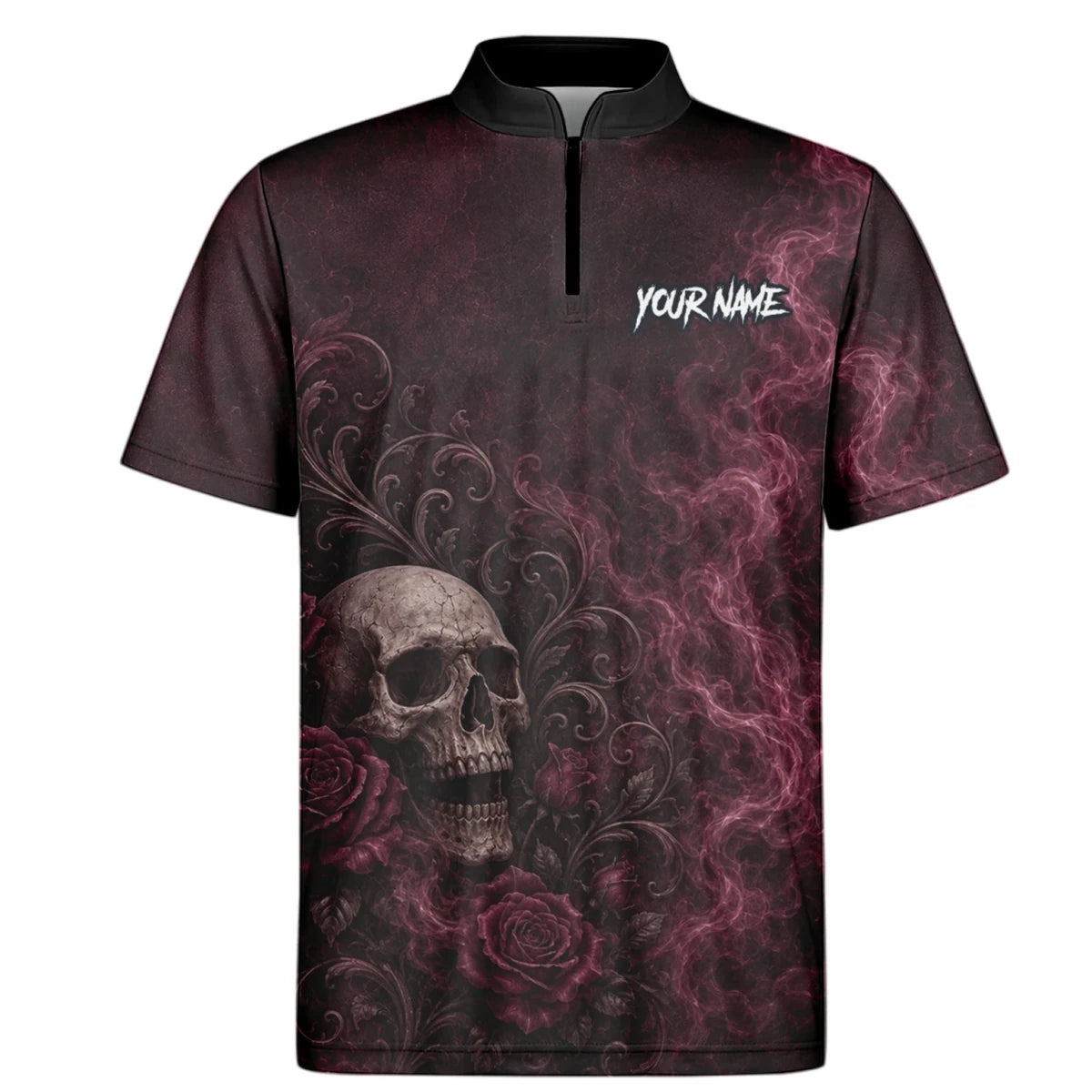 Personalisiertes Dunkelrot-schwarzes Totenkopf-Rosen-Dartshirt für Herren U786 - Outfitsuche