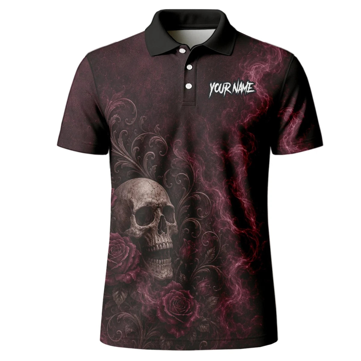 Personalisiertes Dunkelrot-schwarzes Totenkopf-Rosen-Dartshirt für Herren U786 - Outfitsuche