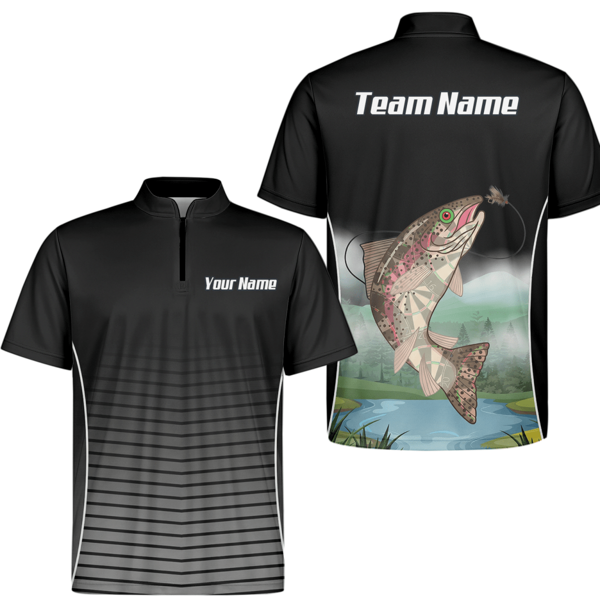 Personalisiertes Forellenangeln Dart - Trikot Polo mit Reißverschluss für Herren, Schwarz - Grau V9509 - Outfitsuche