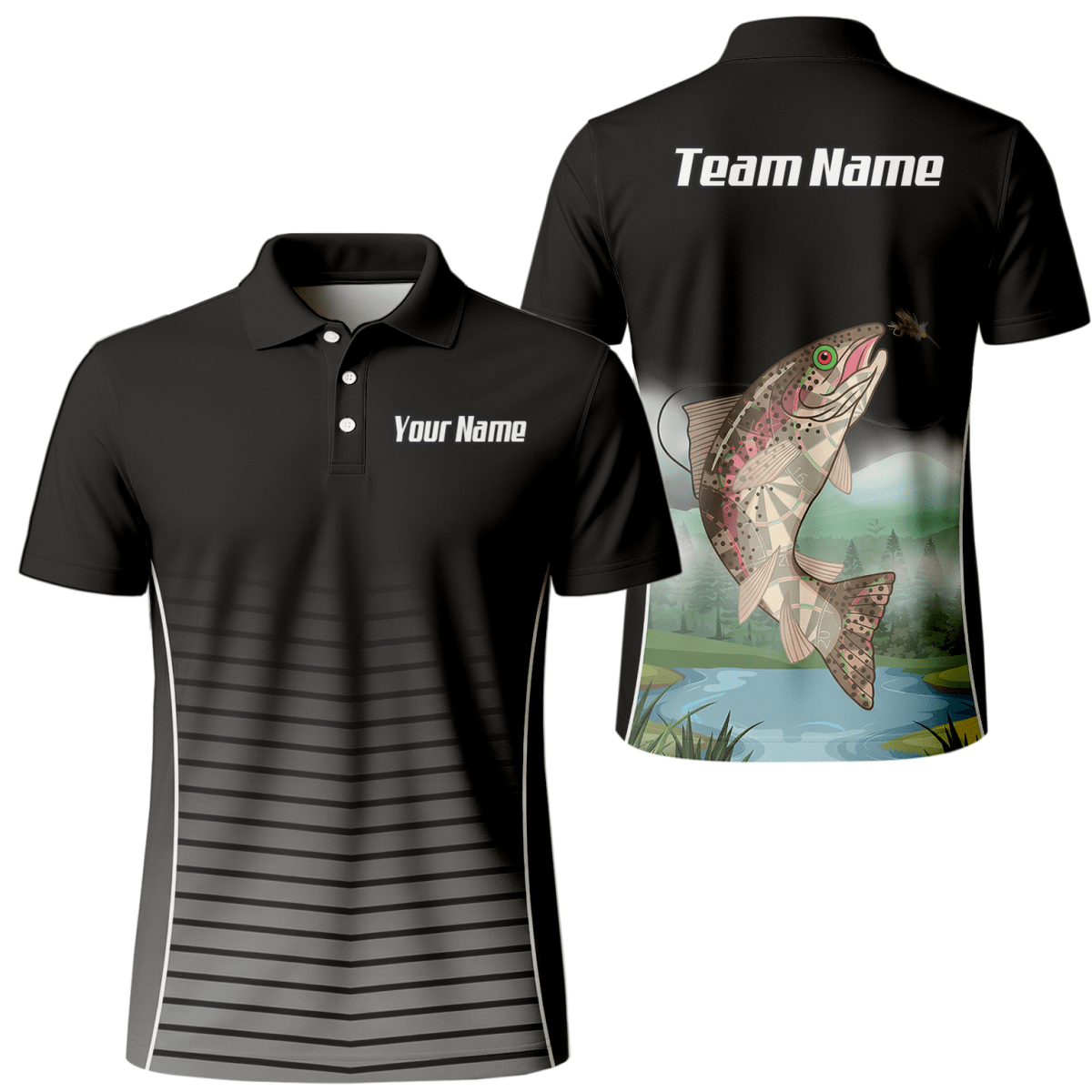 Personalisiertes Forellenangeln Dart - Trikot Polo mit Reißverschluss für Herren, Schwarz - Grau V9509 - Outfitsuche