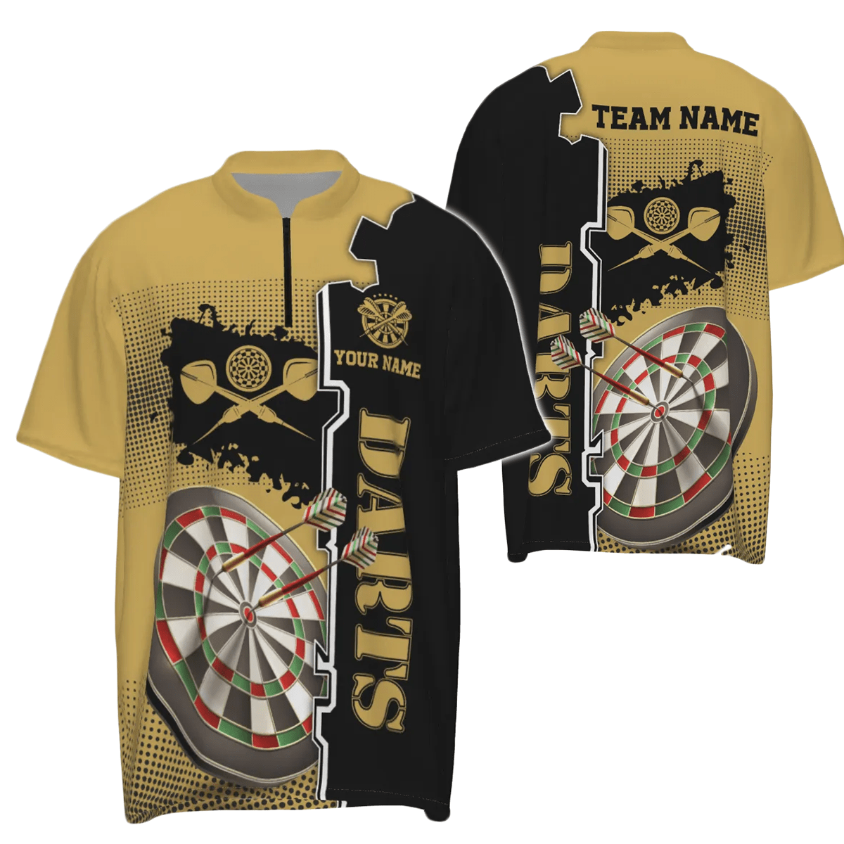 Personalisiertes gelb-schwarzes Darts-Quarter-Zip-Shirt, individuell anpassbares Darts-Shirt für Herren, Darts-Trikot C677 - Outfitsuche