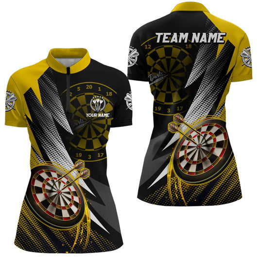 Personalisiertes Gelb-Schwarzes Darts Quarter-Zip Shirt | Individuelles Darts Shirt für Damen | Team Trikot | L1325 - Outfitsuche