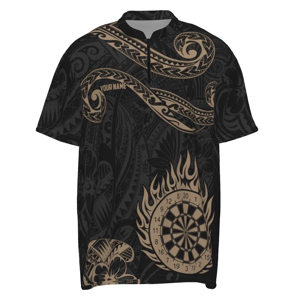 Personalisiertes goldenes Hawaiianisches Tribal Flame Darts 1/4 Zip Shirt, individuell anpassbares Herren Dart Trikot Y732 z - Outfitsuche