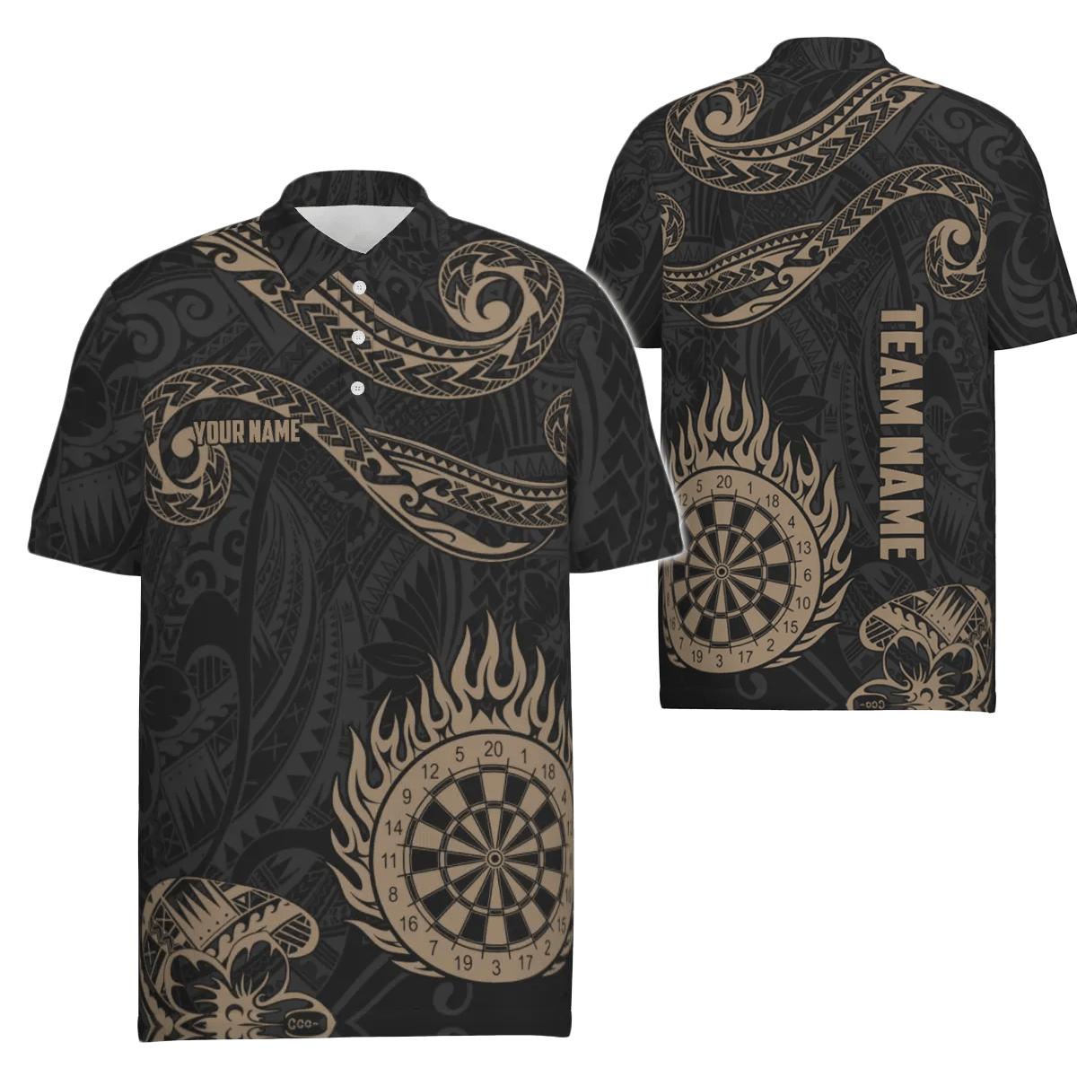 Personalisiertes goldenes Hawaiianisches Tribal Flame Darts Polo Shirt, individuell anpassbare Dart Trikots für Herren Y732 - Outfitsuche